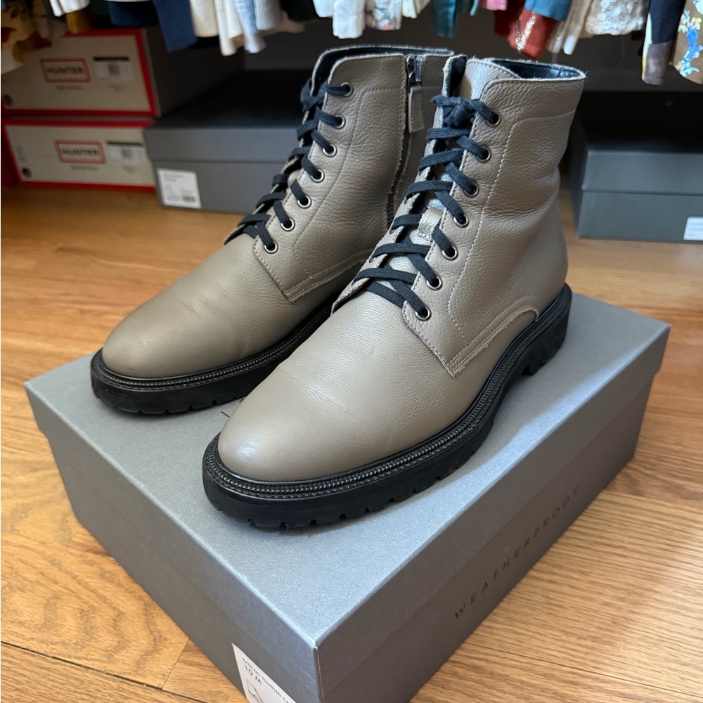 Men's Aquatalia Patrizio Taupe Leather Weatherproof Lace-Up Combat Boots Size 10